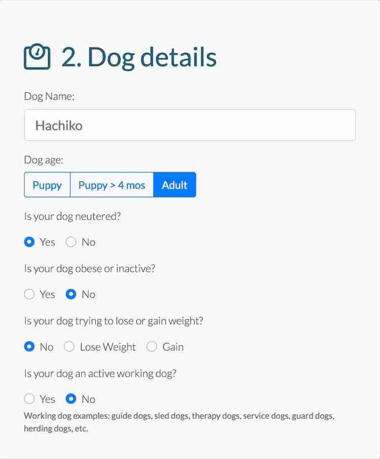 Step 2 Calories calculator for dogs enter details