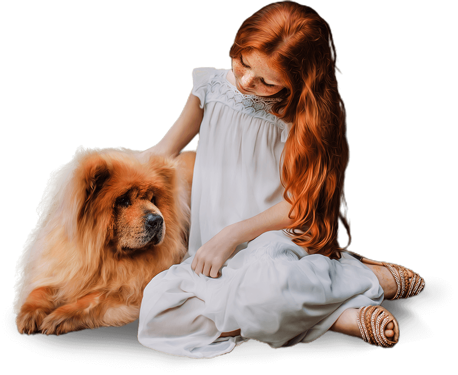 Little girl with a beautiful dog laying down